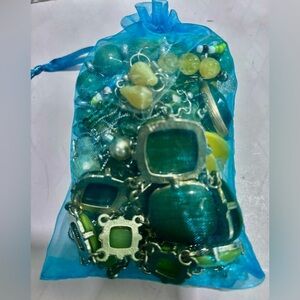 Green and Yellow surprise Mystery Jewelry bag Vintage Modern jewelry 10/12 piece